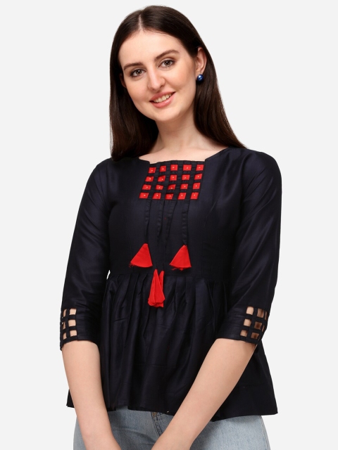 

VENISA Women Navy Blue Satin A-Line Top