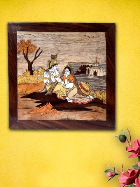 

Unravel India Brown & Yellow Wooden Inlay Radha Kirshna Wall Hanging