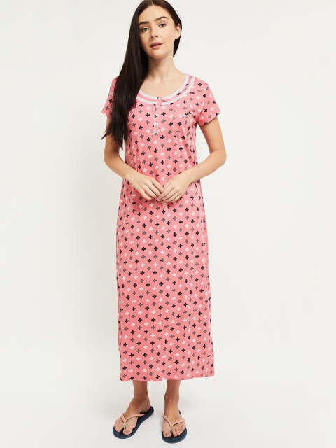 

max Women Pink & Black Printed Pure Cotton Night Dress