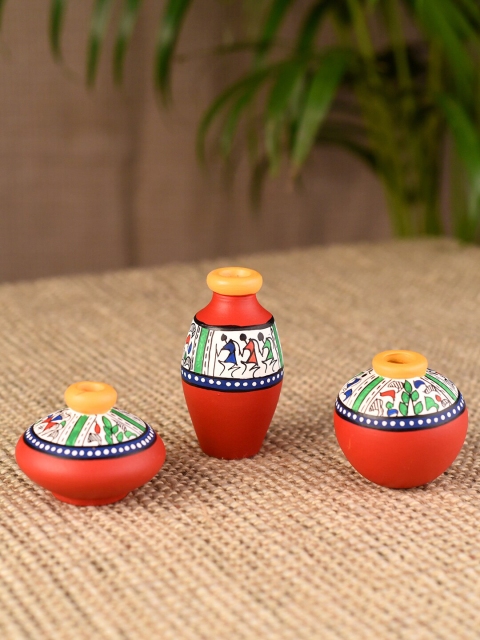 

Unravel India Set Of 3 Red & Blue Teracotta Warli Handpainted Decorative Pot