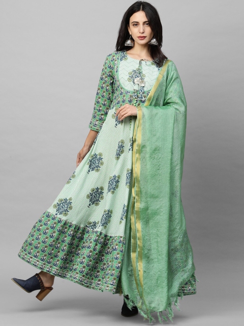 

FASHOR Women Green & Blue Ethnic Motifs A-Line Maxi Dress with Dupatta