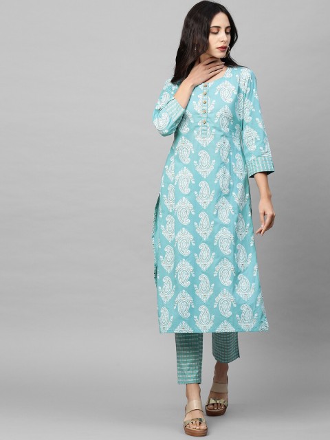 

FASHOR Women Turquoise Blue Paisley Printed Regular Pure Cotton Kurta with Trousers