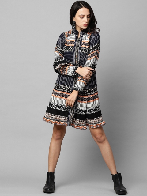 

FASHOR Women Black & White Ethnic Motifs Georgette Dress