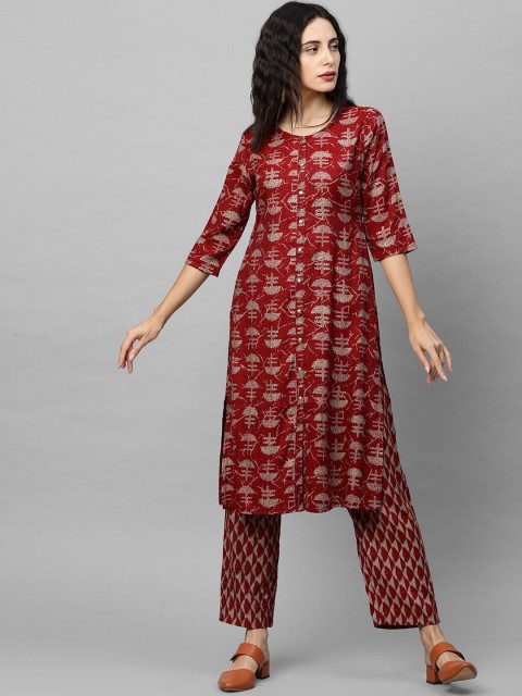 

FASHOR Women Maroon Printed Panelled Kurta with Trousers
