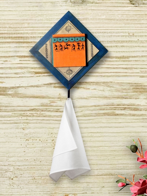 

Unravel India Blue & Orange Warli Painted Wall Towel Holder