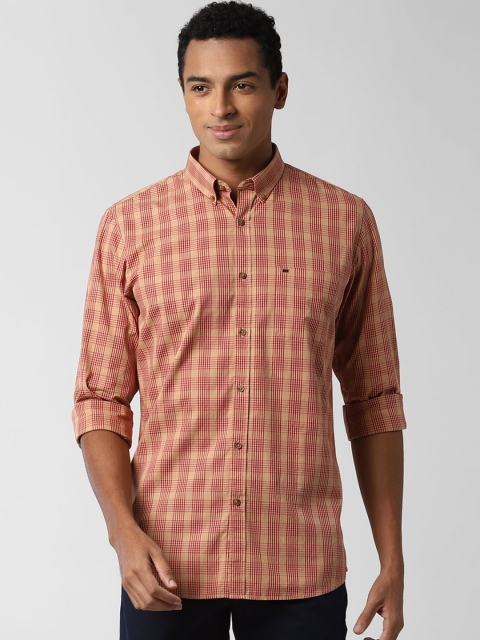 

Peter England Casuals Men Khaki & Red Slim Fit Checked Cotton Casual Shirt