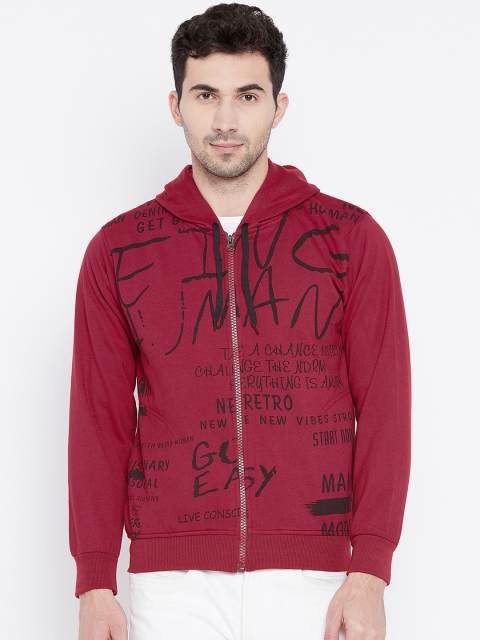 

VIMAL JONNEY Men Maroon & Black Typography Printed Hooded Sweatshirt