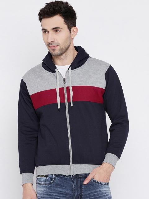 

VIMAL JONNEY Men Navy Blue & Grey Colourblocked Hooded Sweatshirt