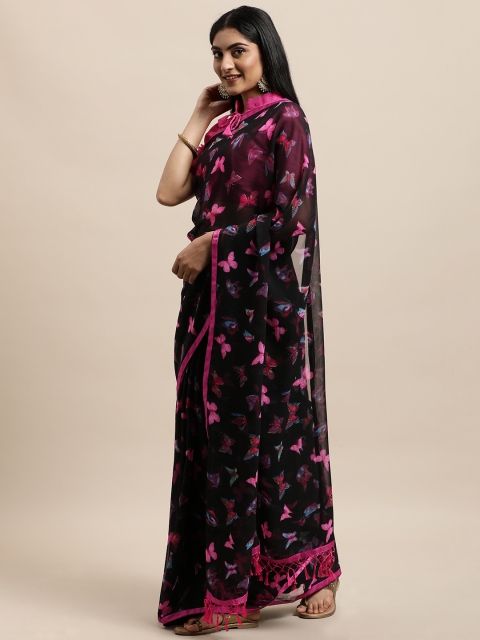 

Mameraa Black & Pink Ethnic Motifs Pure Georgette Saree