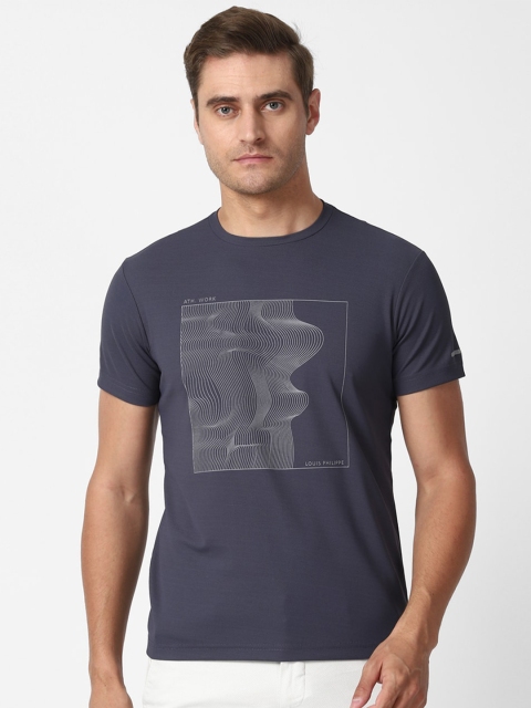 

Louis Philippe Sport Men Navy Blue Grey Printed Pockets Slim Fit Pure Cotton T-shirt
