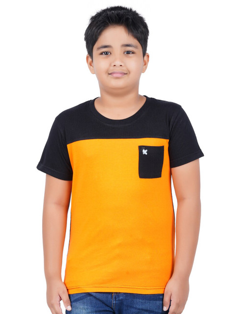 

Kiddeo Boys Orange & Black Colourblocked Pockets Slim Fit T-shirt