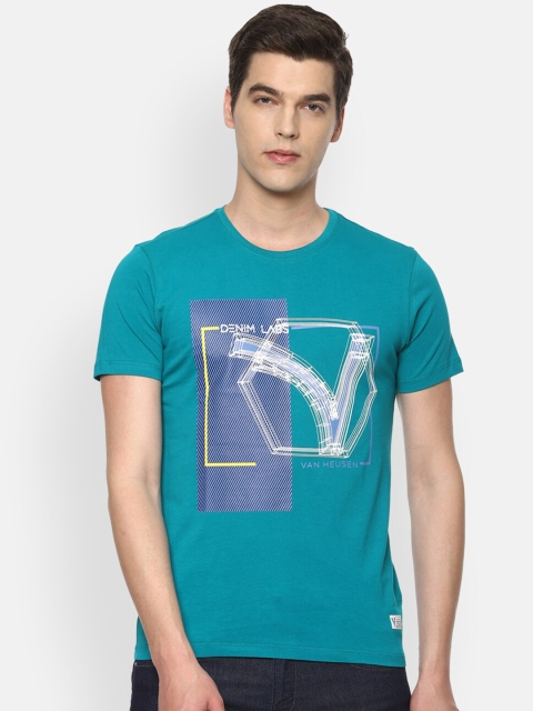 

VAN HEUSEN DENIM LABS Men Blue White Printed Pure Cotton T-shirt
