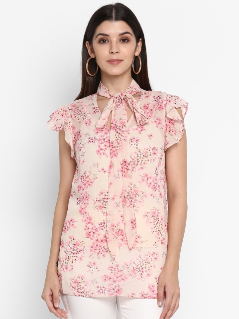 

NIZA Women Peach Floral Tie-Up Neck Georgette A-Line Top