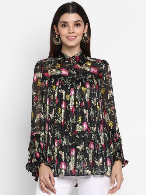 

NIZA Black & White Floral Printed Pleated Ruffle Cuff Georgette A-Line Top