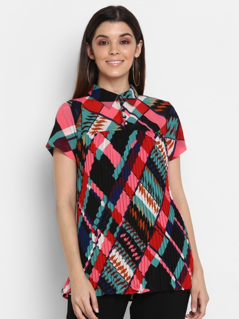 

NIZA Black & Red Geometric Checked Georgette Regular Top