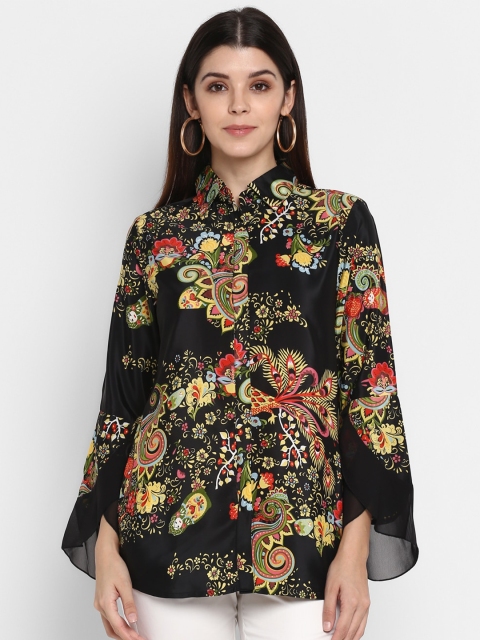 

NIZA Black Floral Crepe Shirt Style Longline Top