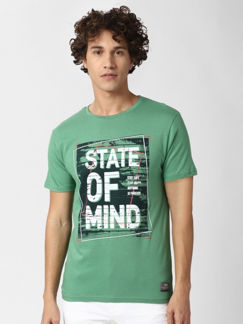 

Peter England Casuals Men Green White Typography Printed Slim Fit Pure Cotton T-shirt