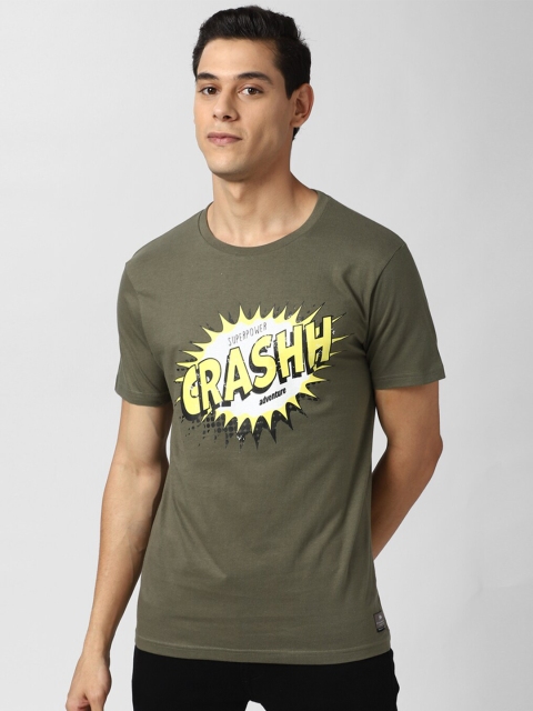 

Peter England Casuals Men Olive Green White Printed Slim Fit Pure Cotton T-shirt