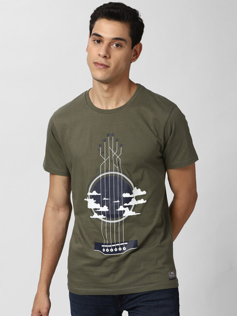 

Peter England Casuals Men Olive Green & White Printed Slim Fit T-shirt