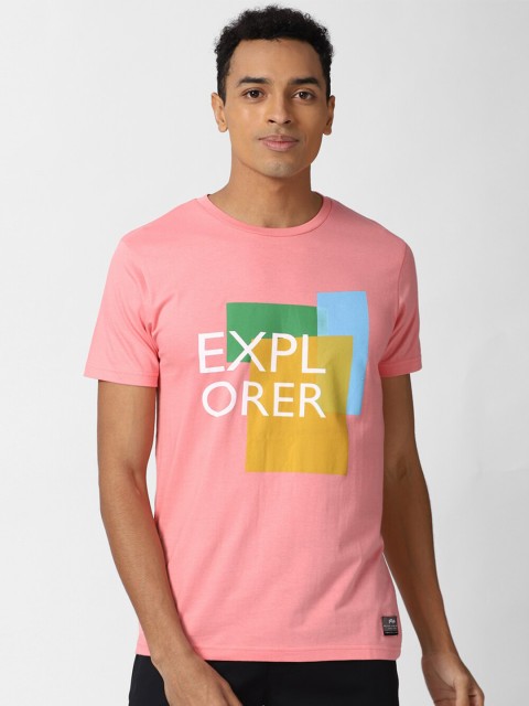 

Peter England Casuals Men Pink Yellow Typography Printed Slim Fit Pure Cotton T-shirt