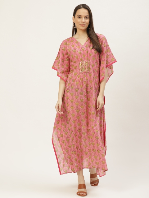 

Maaesa Pink & Yellow Cotton Floral Printed Kaftan Maxi Dress