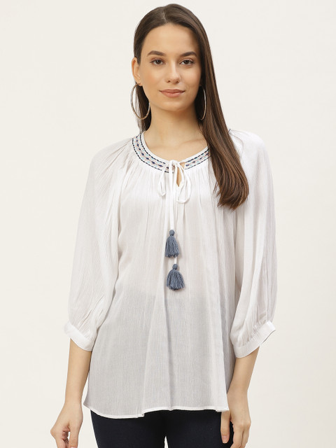 

Maaesa White Tie-Up Neck Crepe Semi-Sheer Regular Top