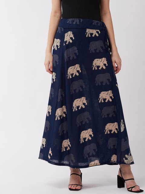 

InWeave Women Blue & Beige-Colored Pure Cotton Printed A-Line Skirt