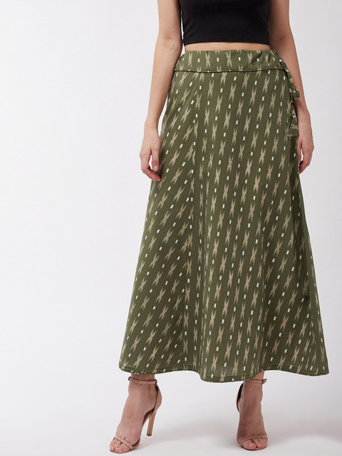 

InWeave Women Green & White Ikkat Printed Pure Cotton A-Line Maxi Skirt