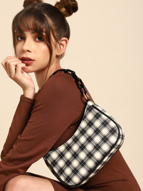 

DressBerry Black & Off-White Checked Structured Shoulder Bag