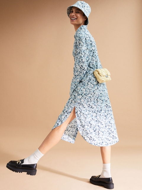 

H&M Women Blue & Grey Floral Pure Cotton Shirt Dress