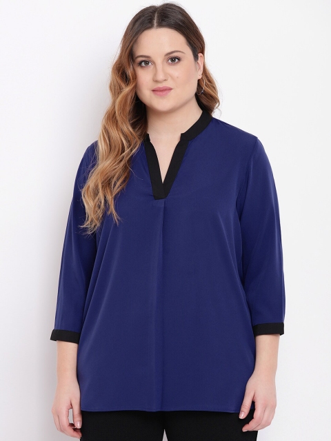 

The Pink Moon Women Navy Blue Mandarin Collar Crepe Regular Top