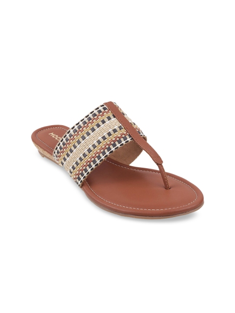 

Mochi Women Tan Brown & Beige Woven Design T-Strap Flats