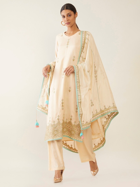 

Soch Beige Embroidered Art Silk Unstitched Dress Material