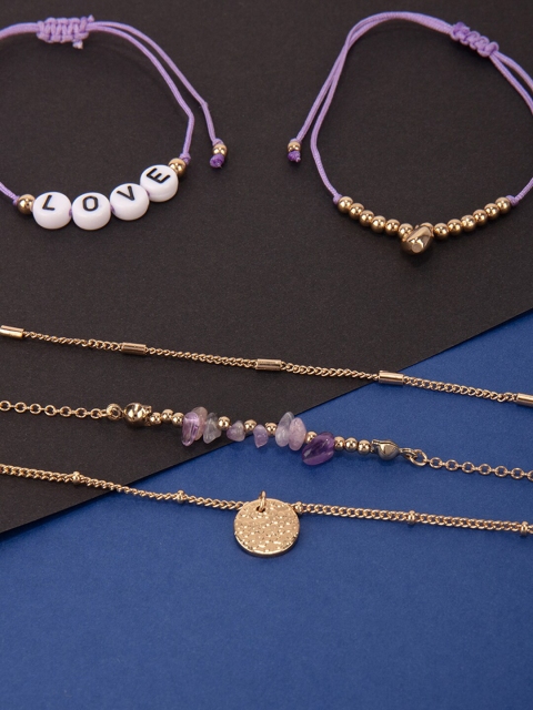 

Lilly & sparkle Women Set Of 5 Gold-Plated & Purple Wraparound Bracelets