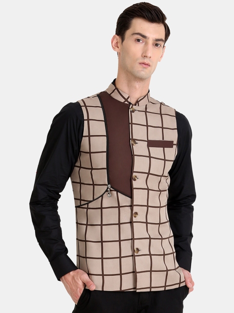 

Raas Men Beige & Brown Checked Zipper Design Waistcoat