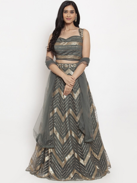 

KHALOM Grey & Gold-Toned Embroidered Mirror Work Ready to Wear Lehenga & Blouse With Dupatta