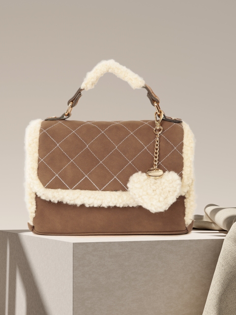 

Accessorize Women Brown & Cream Checked Faux Shearling Satchel