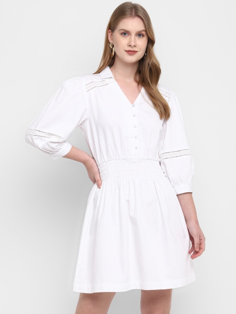 

FOSH White Laced Smocked Waist Cuff Sleeved Shirt Dress