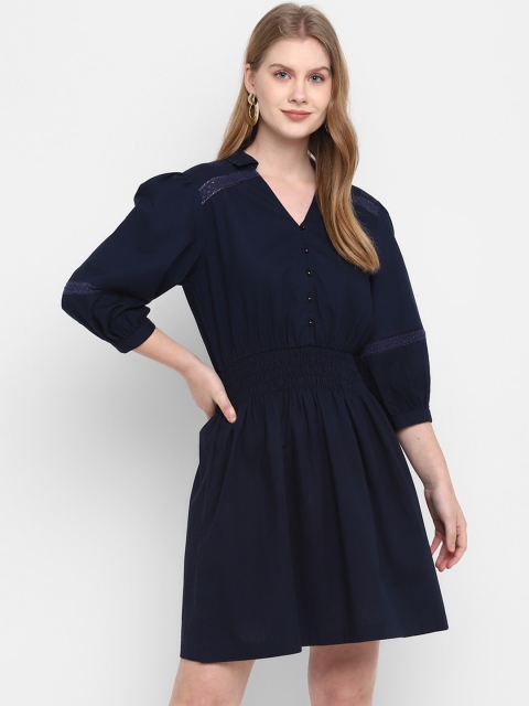 

FOSH Navy Blue Lace Inserted Puff Sleeves Cotton Fit & Flare Dress