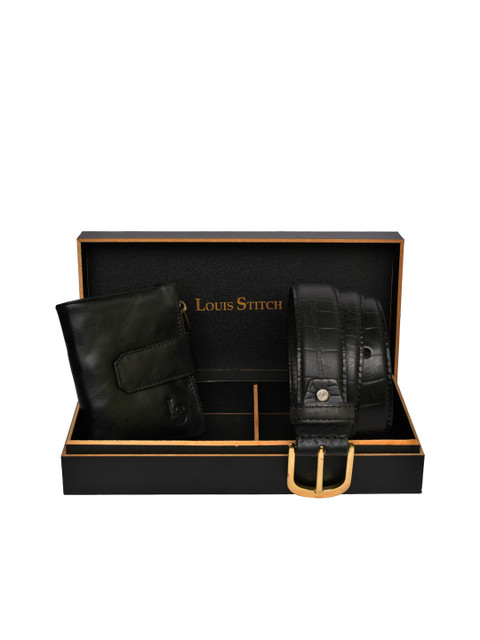 

LOUIS STITCH Men Black Textured Genuine Italian Leather Accessory Gift Set