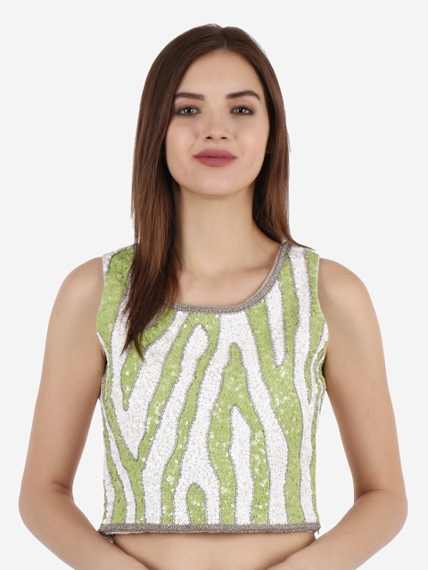 

Diwaah Green & White Sequinned Embellished Regular Crop Top