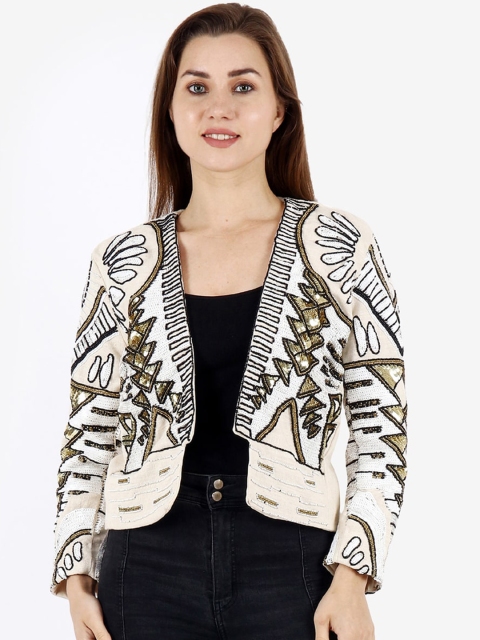 

Diwaah Women Off White Crop Open Front Jacket with Embroidered