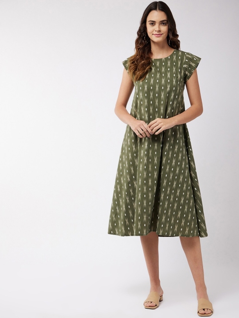 

InWeave Green Ikat Printed A-Line Cotton Midi Dress