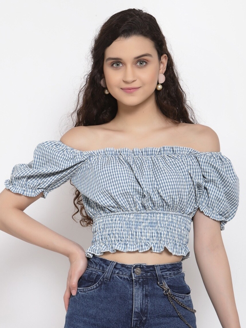 

iki chic Blue & White Checked Off-Shoulder Smocked Underbust Bardot Crop Top