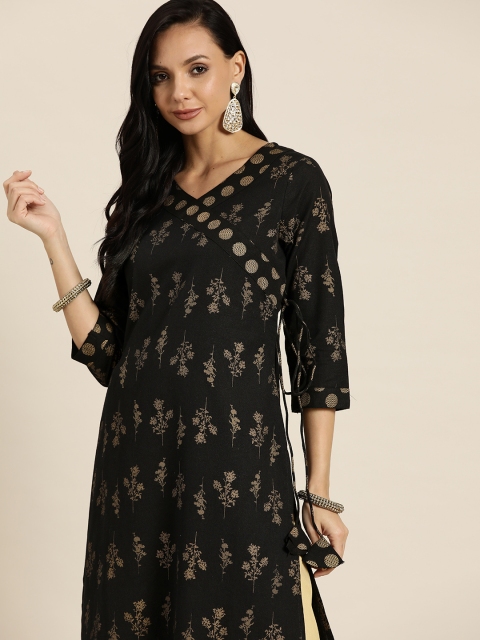 

Sangria Women Black & Gold-Toned Floral Printed Angrakha Kurta