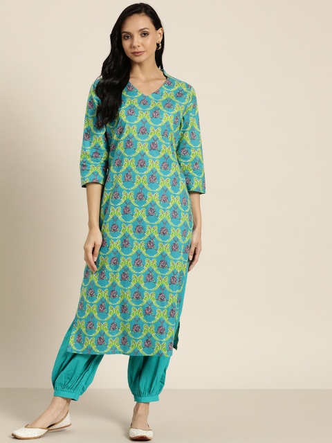 

Sangria Women Green Ethnic Motifs Printed Regular Pure Cotton Kurta with Salwar