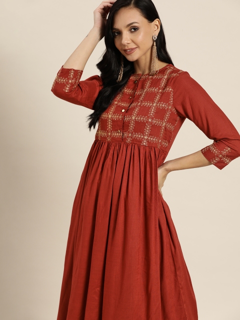 

Sangria Women Rust & Gold-Toned Geometric Embroidered Thread Work Anarkali Kurta