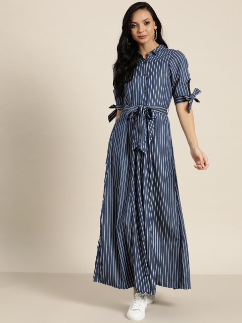 

Sangria Blue & White Striped A-Line Maxi Dress with Tie-Up Details