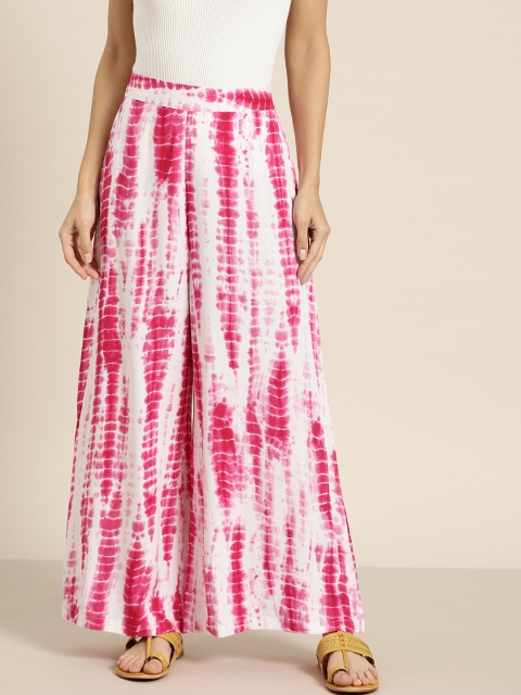 

Sangria Women Pink & White Tie and Dye Printed Flared Knitted Palazzos