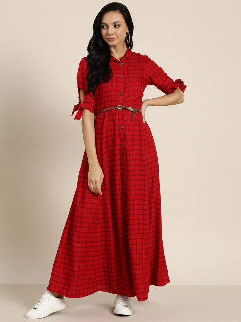 

Sangria Red & Black Checked A-Line Maxi Dress with Tie-Up Details